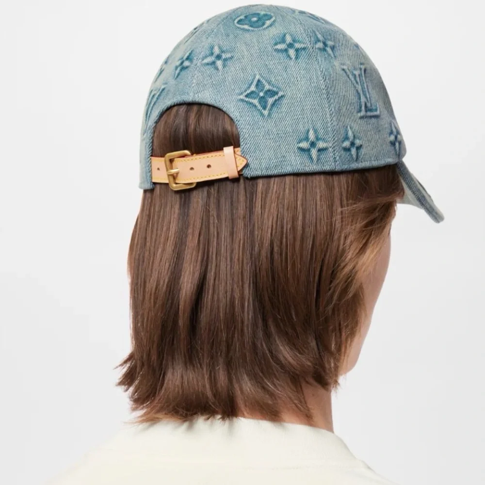 Monogram Denim Embossed Baseball Cap Hat Stiff Logo Canvas Leather Back Strap - Picture 2 of 10